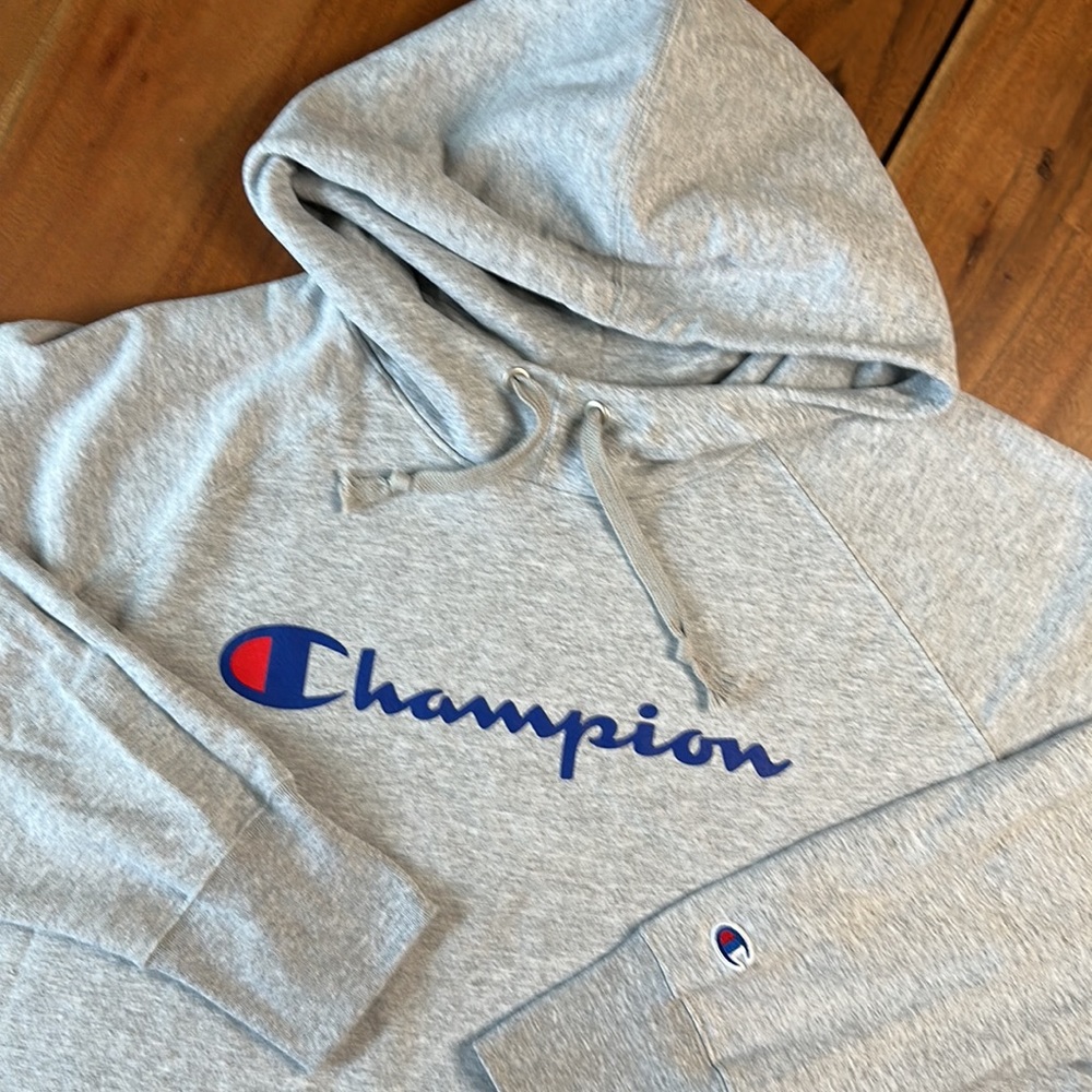Champion Gray Hoodie with Blue & Red Logo